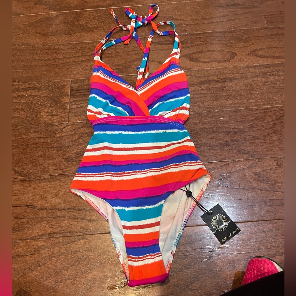 NWT Sunn Lab Swim Orange Blue One Piece Striped Swimsuit Bathing Suit Size XS